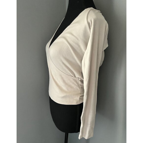 Zara Ribbed Crossover Long Sleeve Shirt Deep V Pullover Open Back Size M beige - Picture 2 of 6